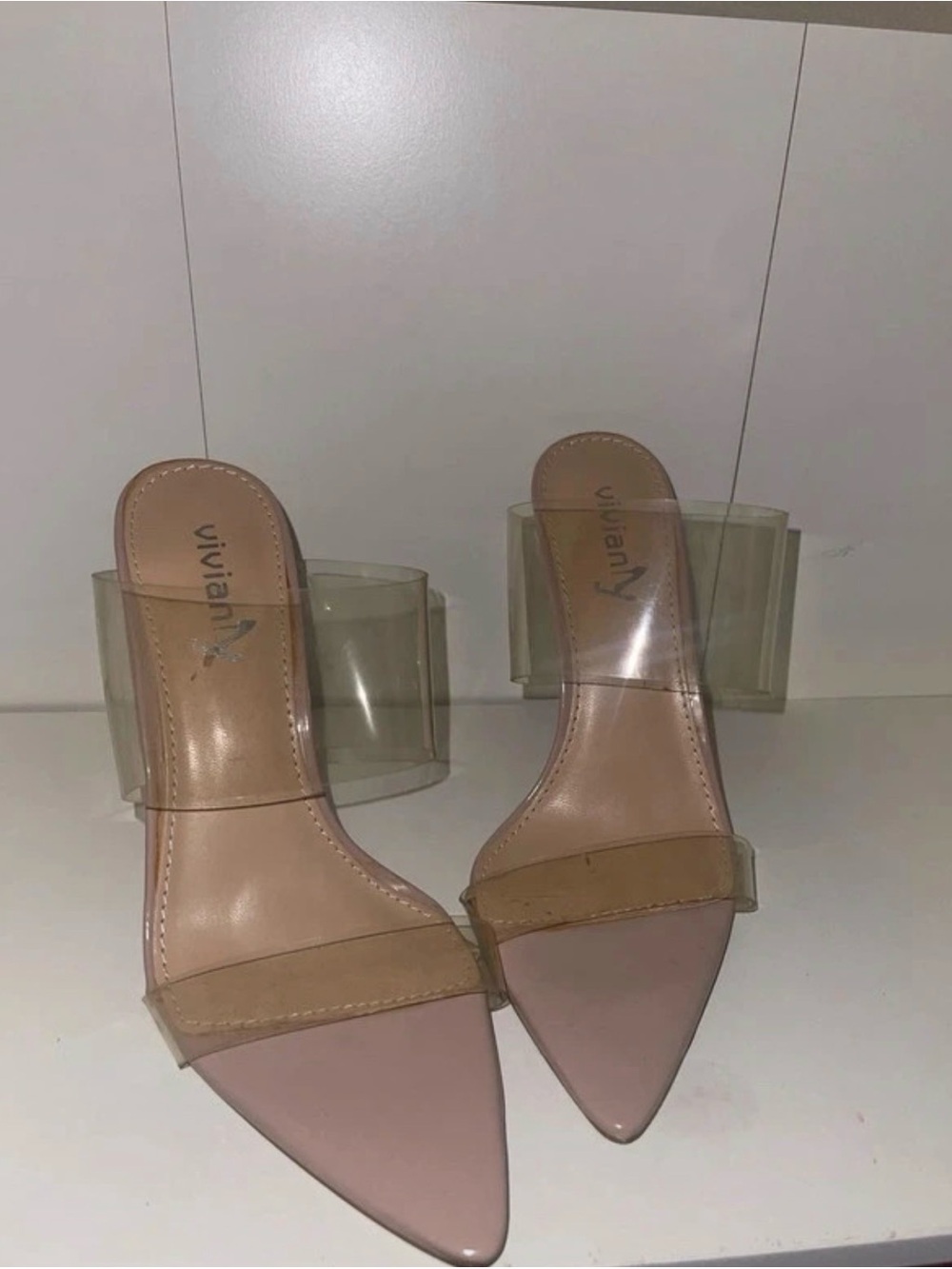 Vivianly Blush Pink Pointed-Toe Mules with Clear Block Heel